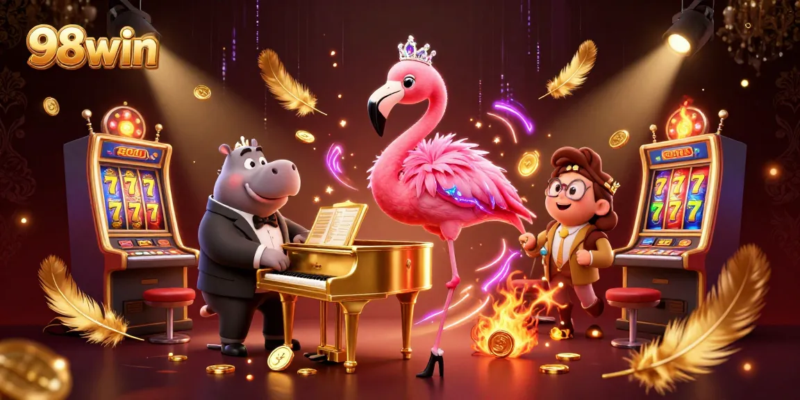 Experience the excitement of 98win with vibrant casino elements and engaging characters in a dynamic scene.