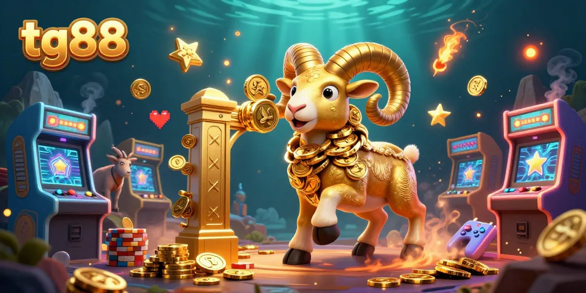 Engage with tg88's vibrant casino atmosphere as the massive golden ram charges at the gate amidst arcade game excitement.