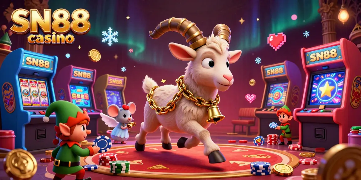 Experience thrill at SN88 casino with a festive Krampus goat, angel mouse, and elf gremlins stealing poker chips.
