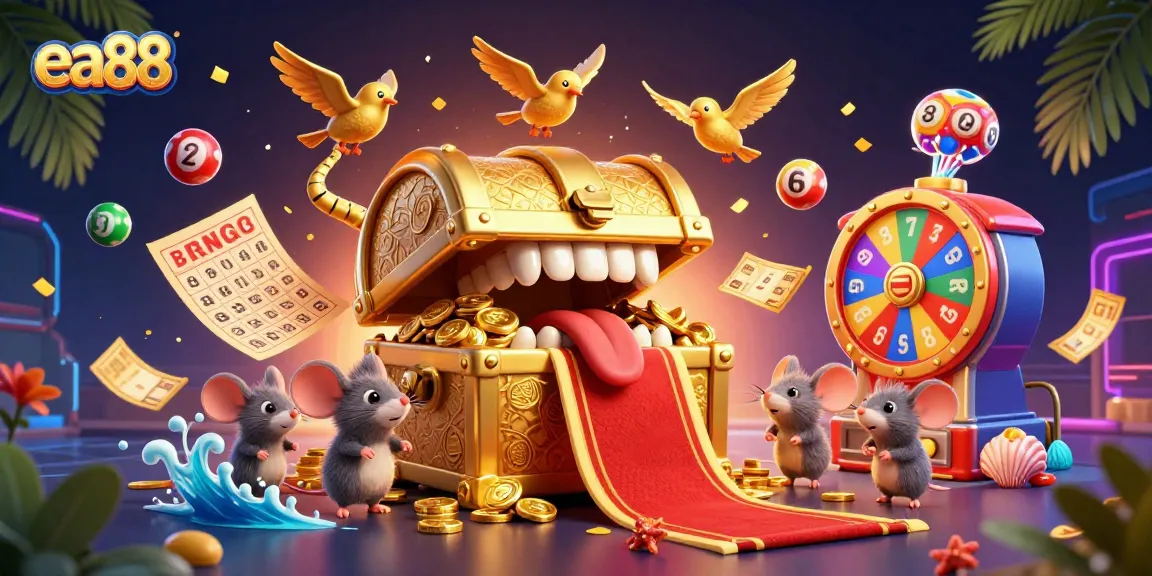 ea88 presents a vibrant casino scene with adventurer mice and a treasure chest, enriched by colorful elements.
