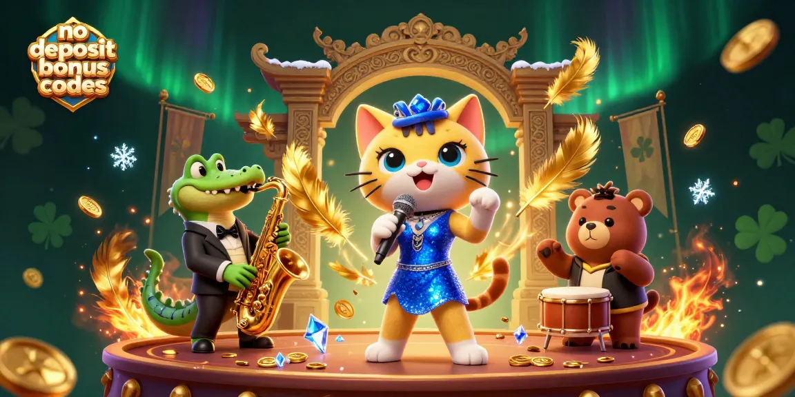No deposit bonus codes illustration featuring a jazz-singer cat, saxophone crocodile, and drum bear in a vibrant casino setting.
