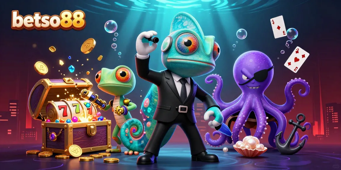 Engage with betso88's thrilling underwater casino adventure featuring a chameleon agent amidst vibrant slot elements.