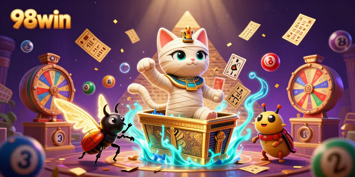Experience the excitement of 98win with a dynamic casino scene featuring a mummy cat and glowing scarab.