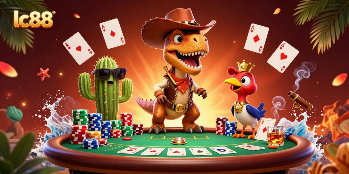 Engage with lc88 casino action featuring a T-Rex and friends at a vibrant poker table.