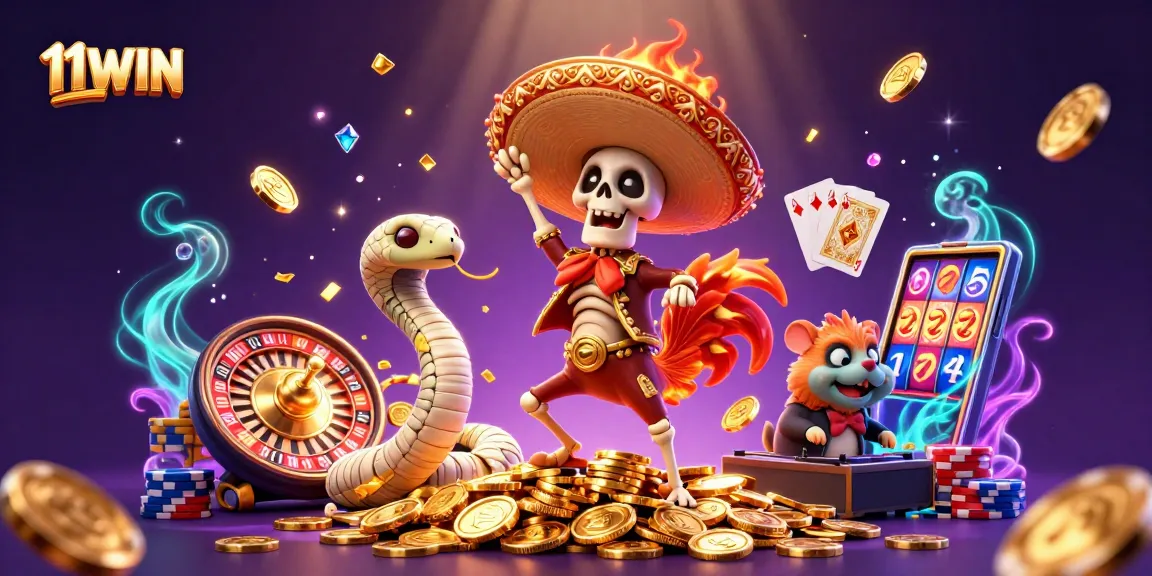 Experience thrilling wins with 11WIN as a mariachi rooster celebrates a jackpot!