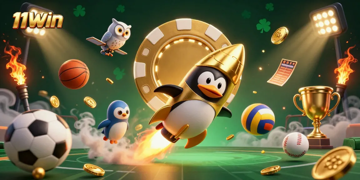 Enhance your gaming with 11WIN's thrilling 3D casino space adventure featuring a golden penguin.