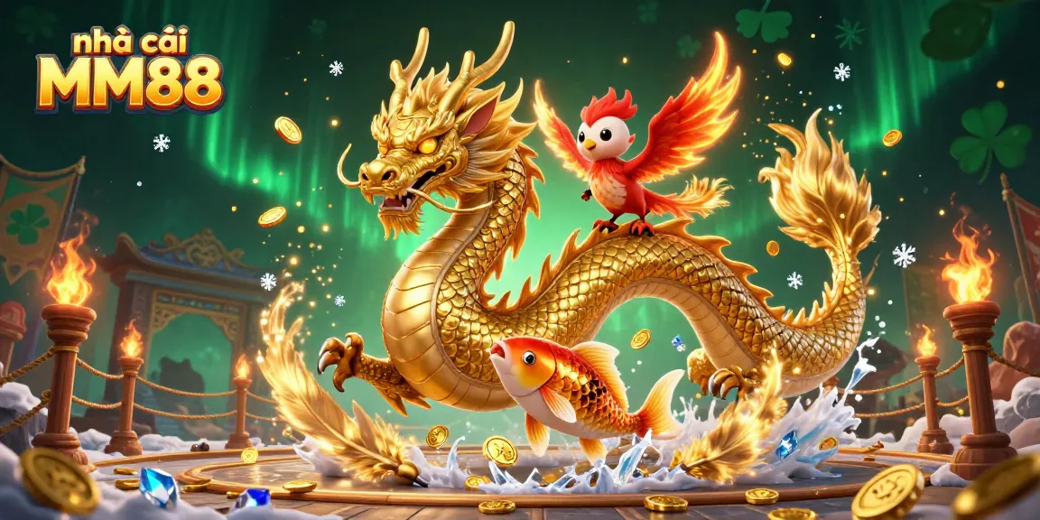 Experience the excitement of nhà cái MM88 with a captivating scene featuring a dragon, phoenix, and koi fish.