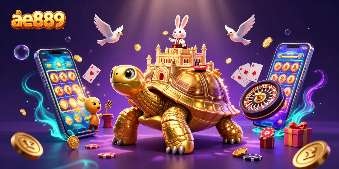 Experience thrilling casino adventures with ae889's vibrant gaming illustration featuring a golden tortoise casino.