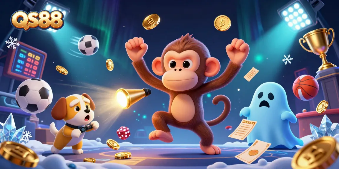 Engage with the lively casino atmosphere at QS88, featuring a playful poltergeist monkey amidst golden gambling treasures.