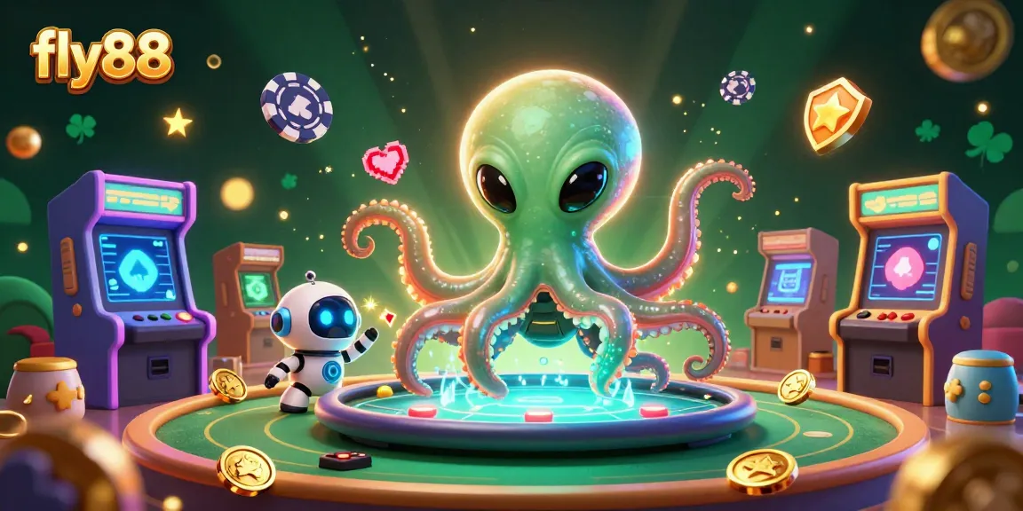 Engage in exciting games at fly88 with a 3D alien octopus and poker table in a vibrant casino scene.