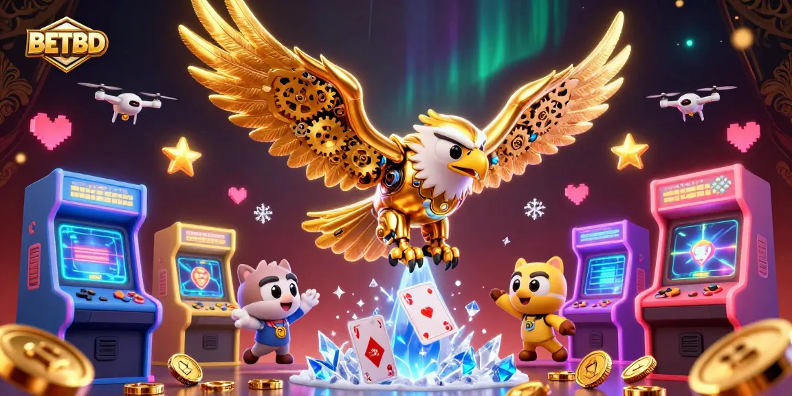 Engage in thrilling betting experiences at BETBD with a 3D golden eagle amidst vibrant gaming elements.