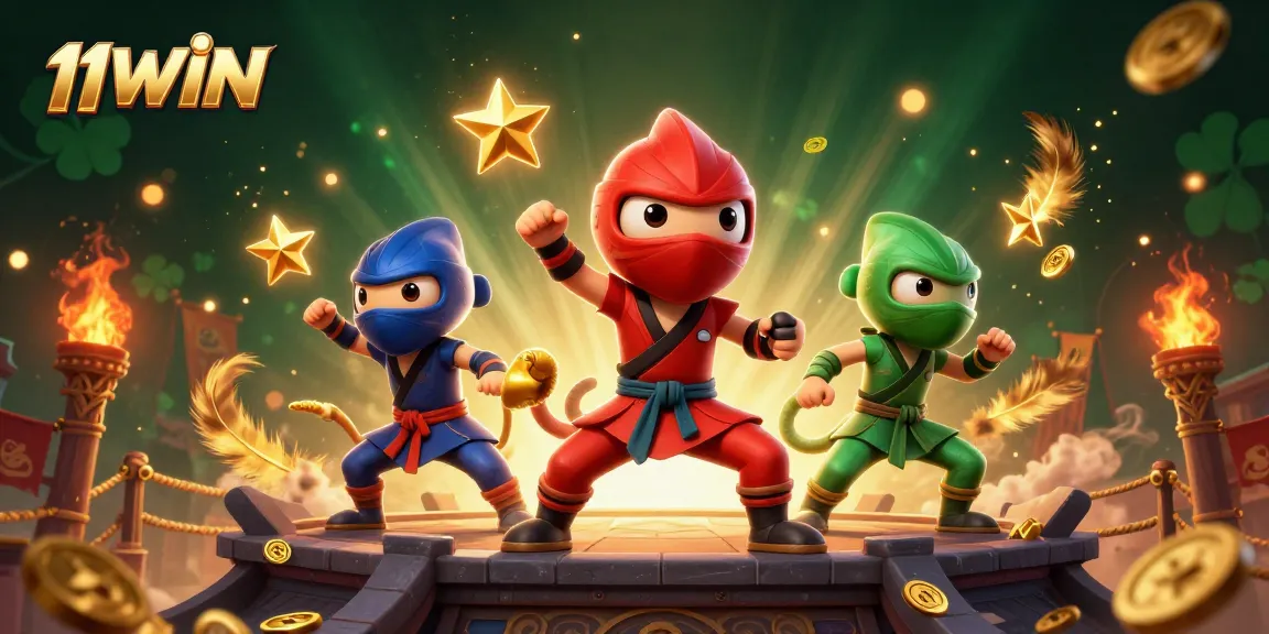 Engage with 11WIN as a dynamic team of ninja chameleons showcases thrilling martial arts amidst vibrant casino elements.