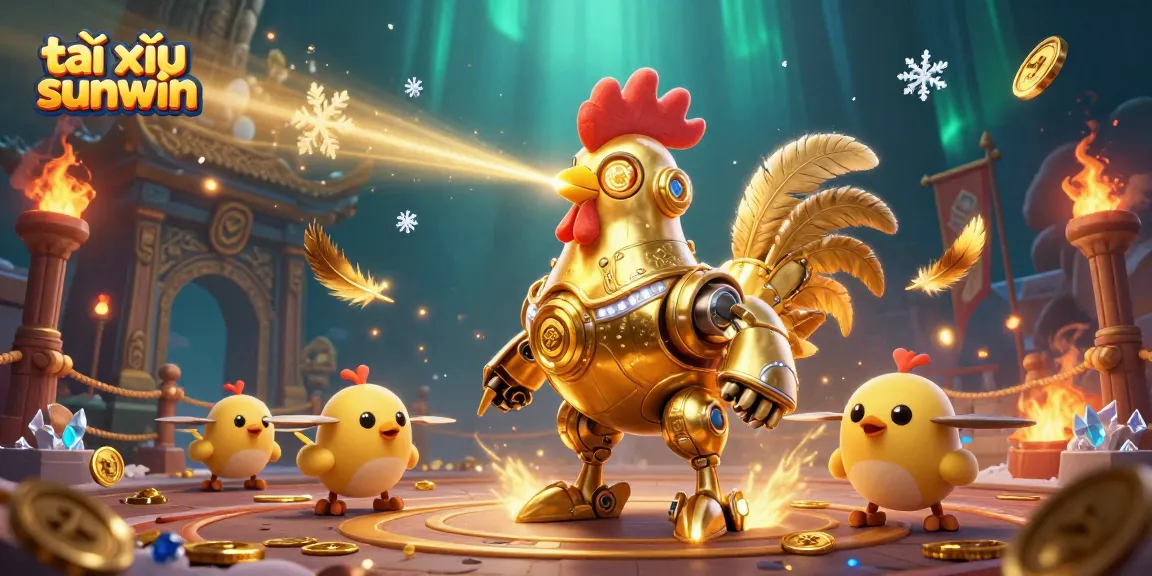 Engage in tài xỉu sunwin with a spectacular scene featuring golden rooster robot and baby chick drones.