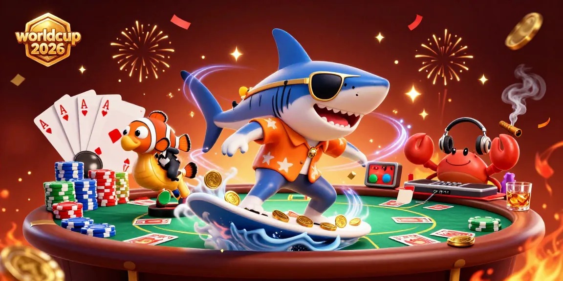 Experience the excitement of worldcup 2026 with a surfacing shark and vibrant casino elements.