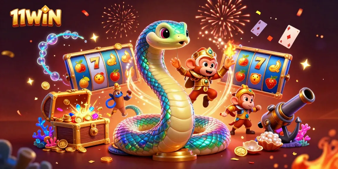 Engage with the vibrant 11WIN gaming atmosphere featuring animated characters and slot game elements.