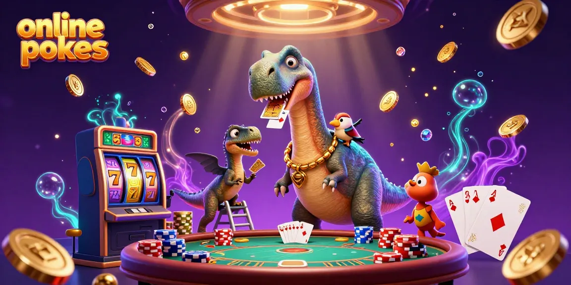 Experience online pokies excitement with a giant dinosaur and vibrant casino elements.