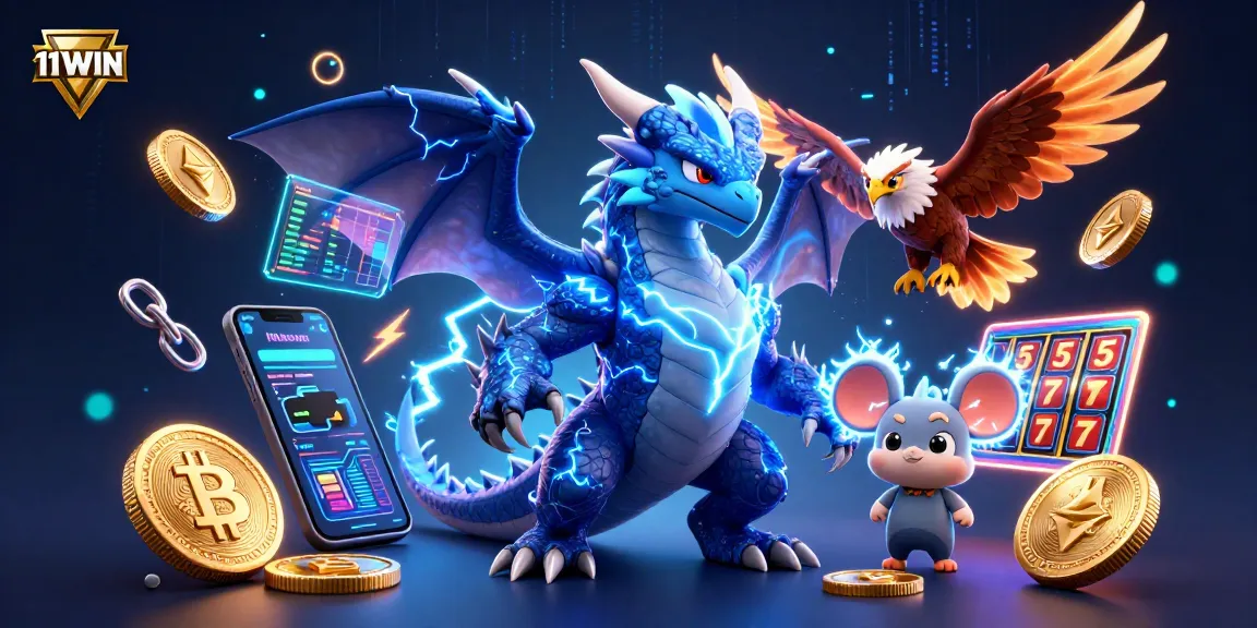 Experience thrilling fun with 11WIN through a vibrant 3D casino illustration showcasing characters and crypto elements.