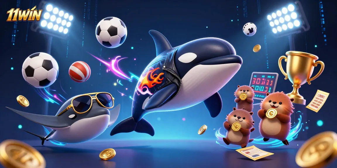 Engage with 11WIN in this dynamic scene featuring an orca, stingray, and sea otters amid sports betting elements.