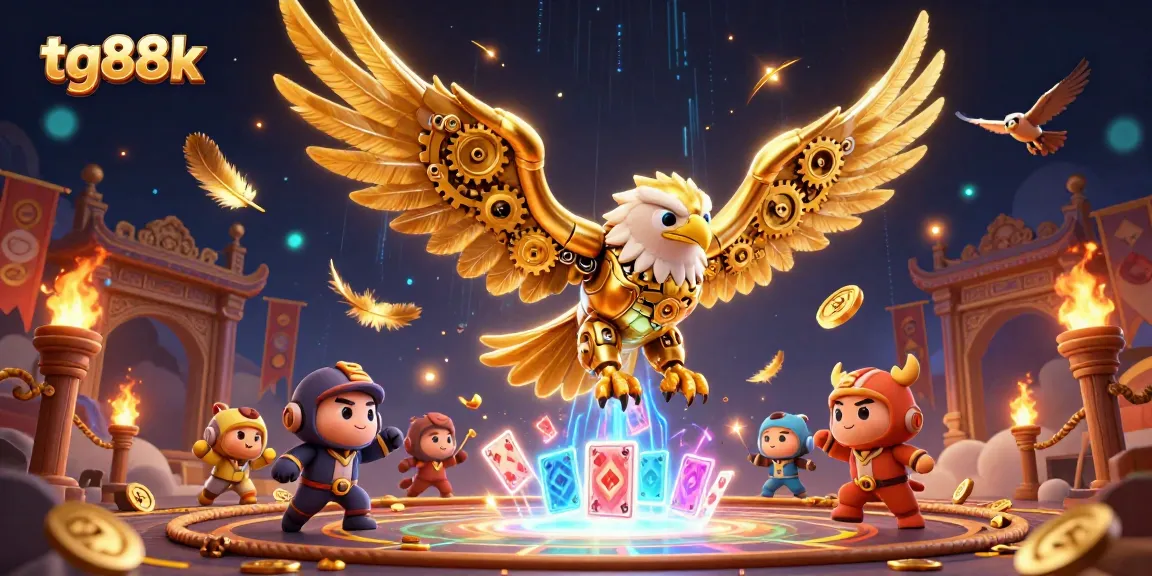 Experience dynamic action at tg88k with a 3D golden eagle amidst holographic playing cards