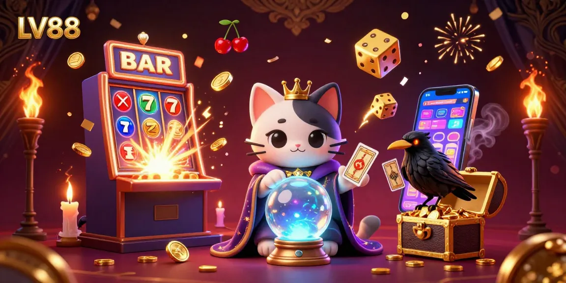 Experience the thrill of LV88 with a dynamic casino scene featuring a mystic cat, a tarot raven, and jackpot elements.