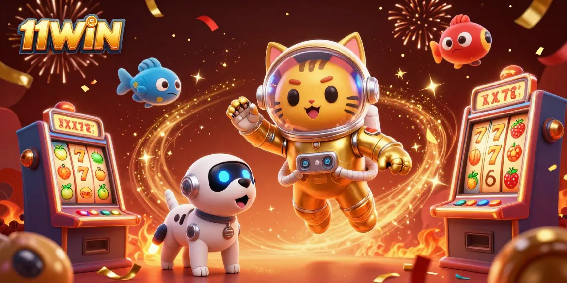 Experience the excitement of 11WIN with a vibrant 3D illustration featuring a unique cat astronaut and a robot dog.