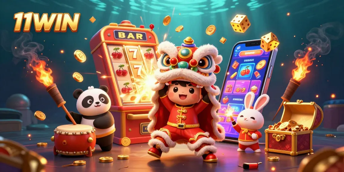 Experience the vibrant atmosphere of 11WIN with a dazzling Chinese New Year lion dance and casino symbols.