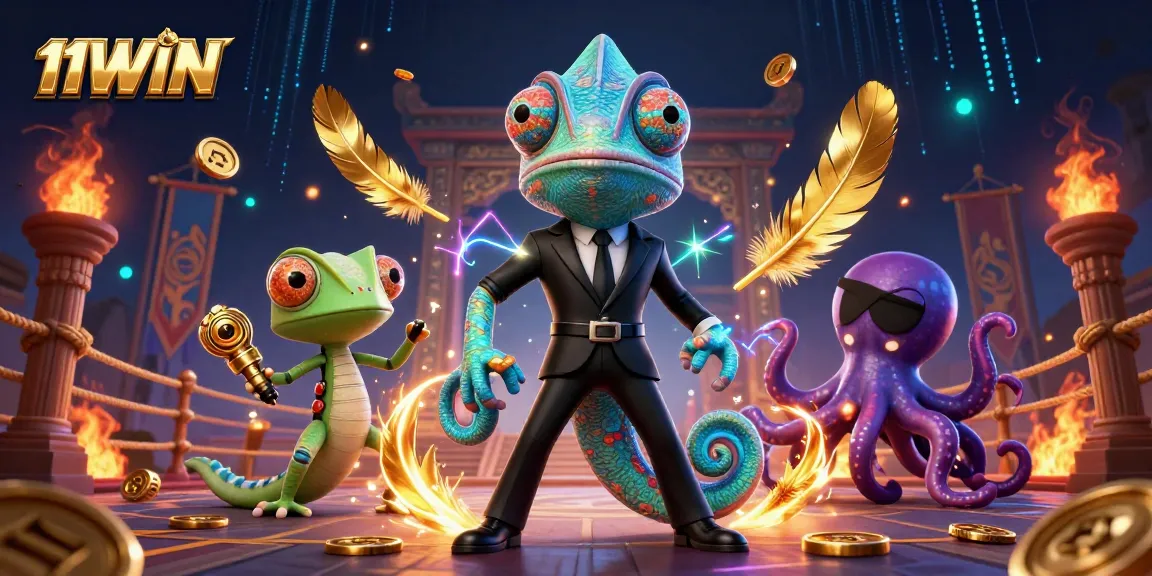 Engage with 11WIN, featuring a dynamic casino scene with a chameleon agent and energetic elements.