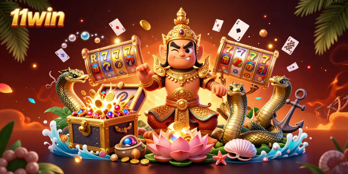 Experience the thrill of 11WIN with exciting slot games surrounded by a fantasy casino scene.