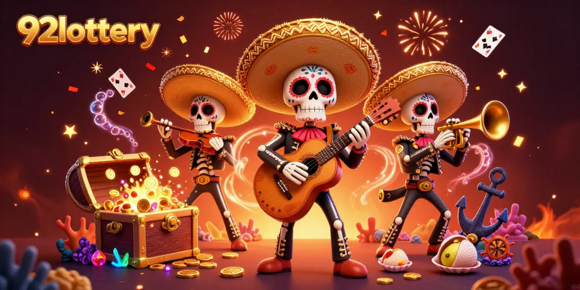 Play and win with 92lottery's vibrant lottery scene featuring mariachi characters and colorful decorations.