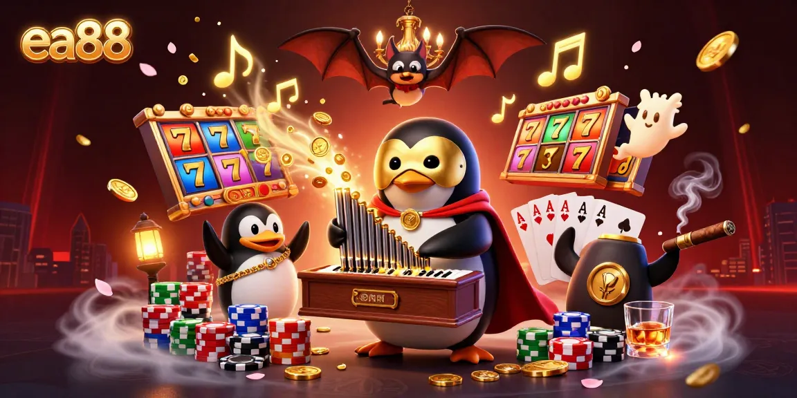 ea88 showcases a lively penguin character in a casino scene, emphasizing winning opportunities